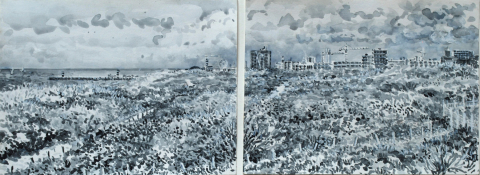 Skyline Scheveningen-Duindorp, sumi-inkt, 2x (18 x 24) cm, 9/2023, encre sumi,  Scheveningen 